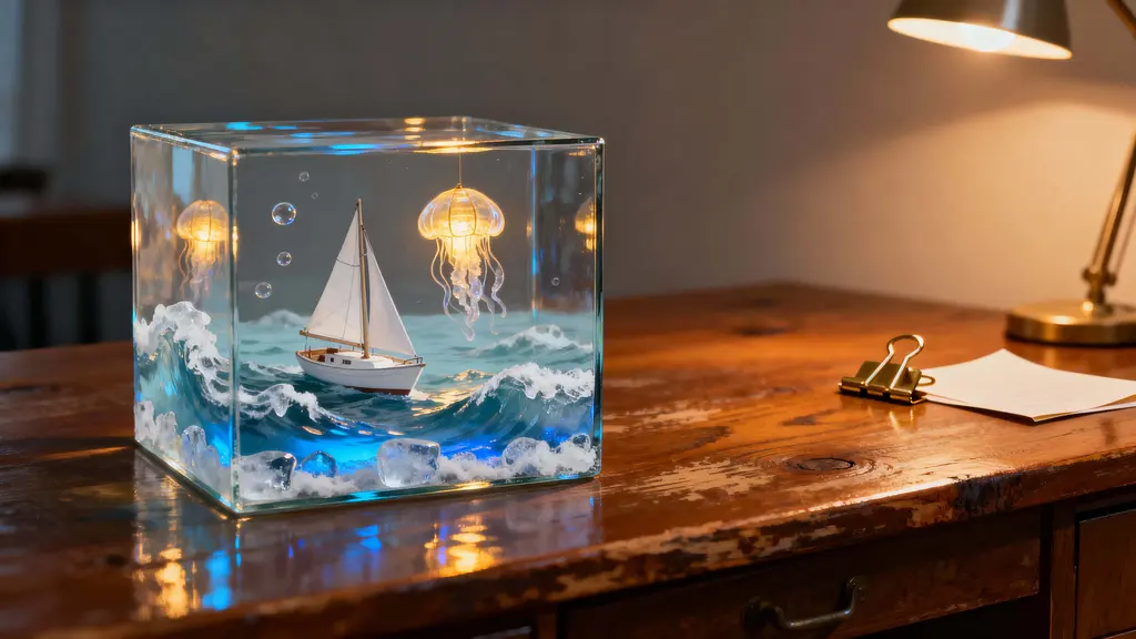 Glass cube with miniature ocean