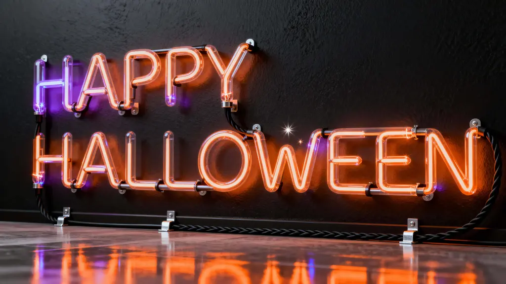 Glass neon Halloween sign on wall