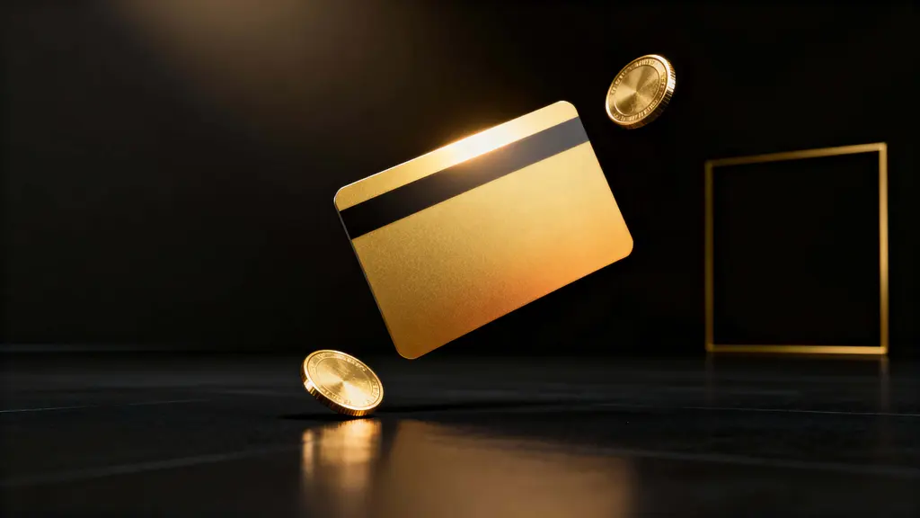 Golden card with orbiting coins