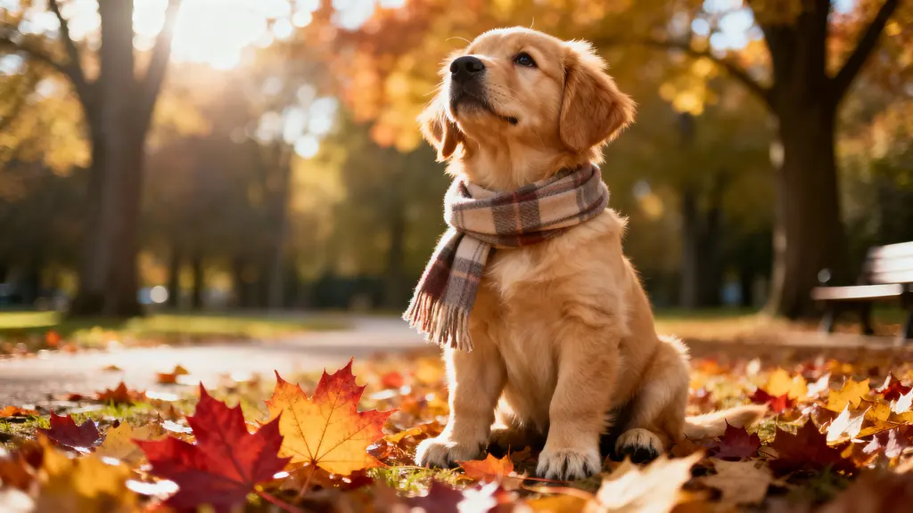 Golden-retriever puppy in autumn park