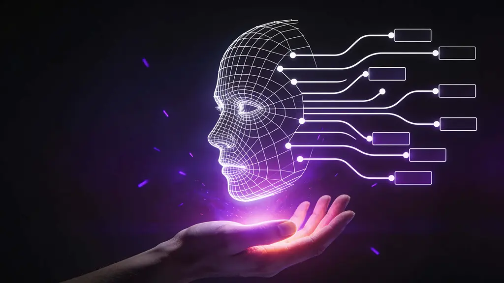 Half-human wireframe face above hand