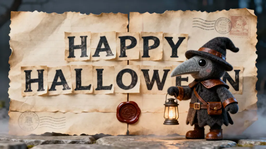 Halloween parchment lettering with plague doctor