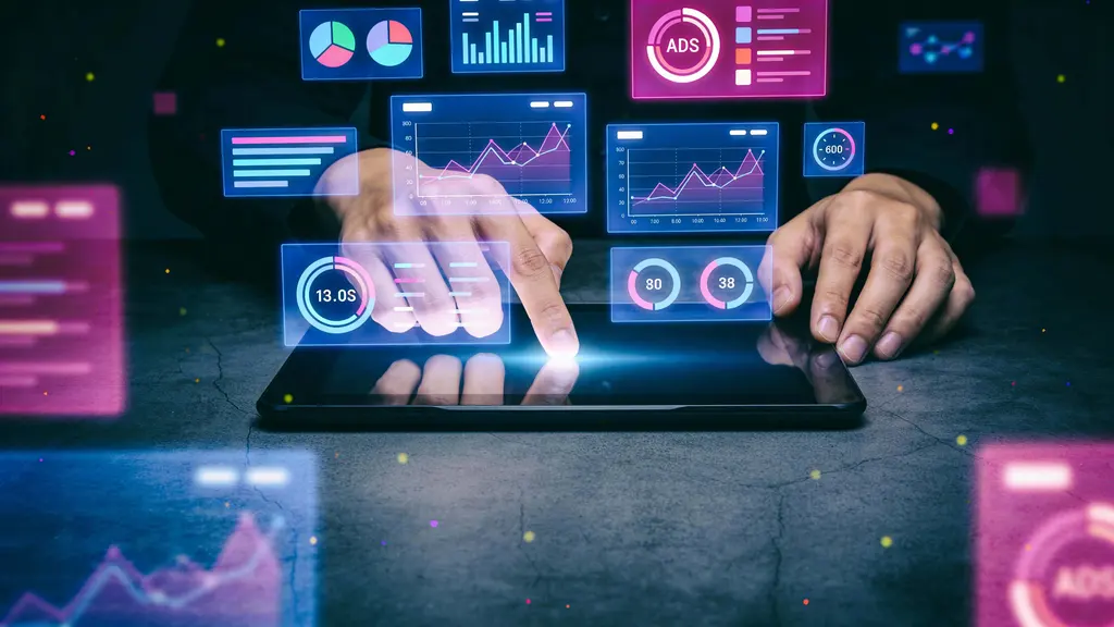 Hands interacting with tablet in futuristic workspace