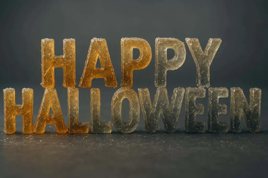 HAPPY HALLOWEEN candy-glass lettering close-up