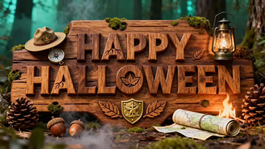 Happy Halloween walnut carved tabletop scene