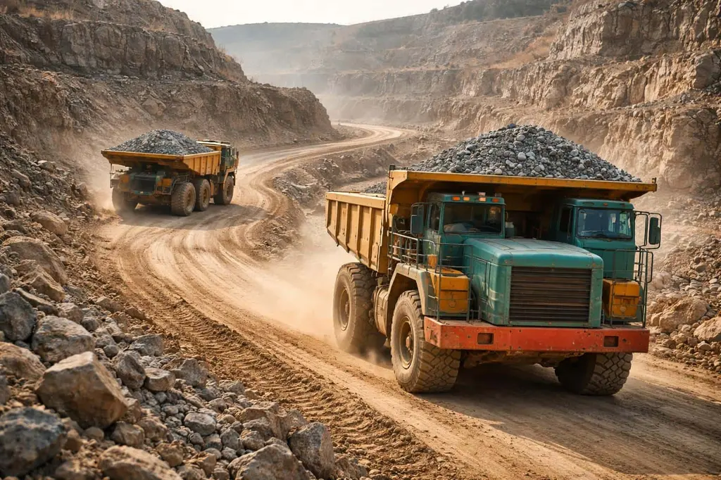 Haul trucks navigating a dusty open-pit mine