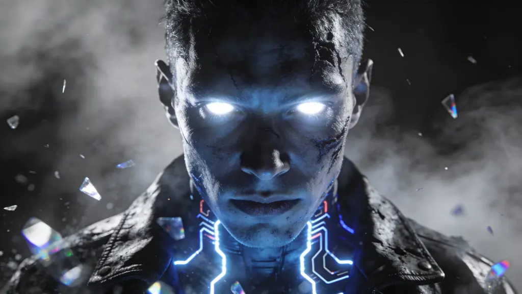 Human portrait in cold futuristic blue