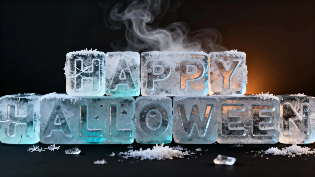 Ice-carved HAPPY HALLOWEEN slabs