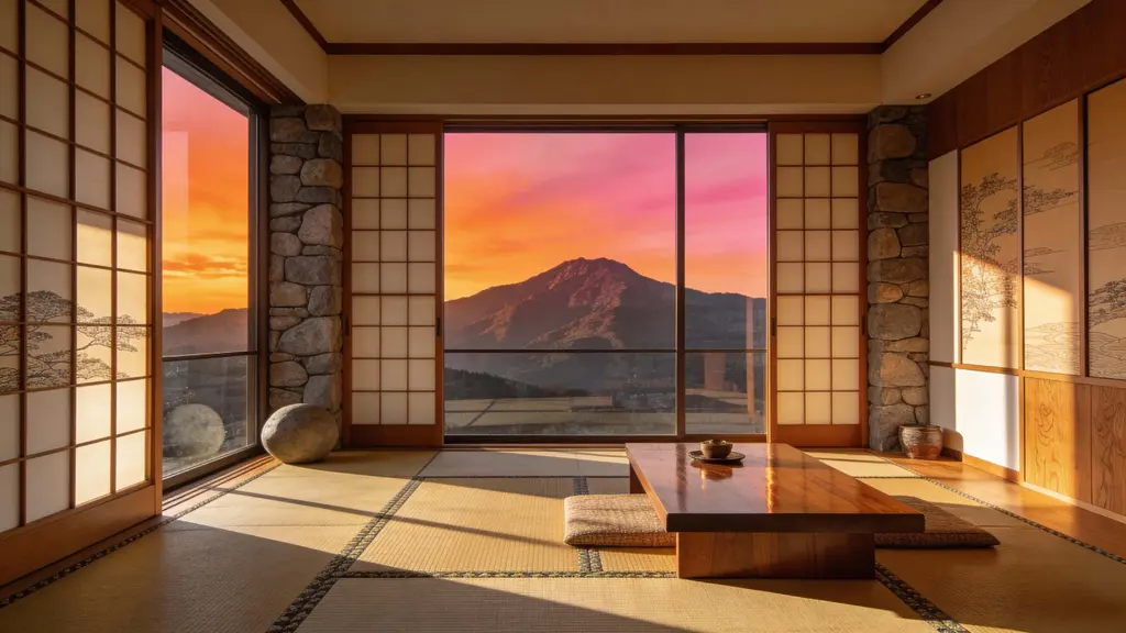 Japanese room framing mountain sunset view