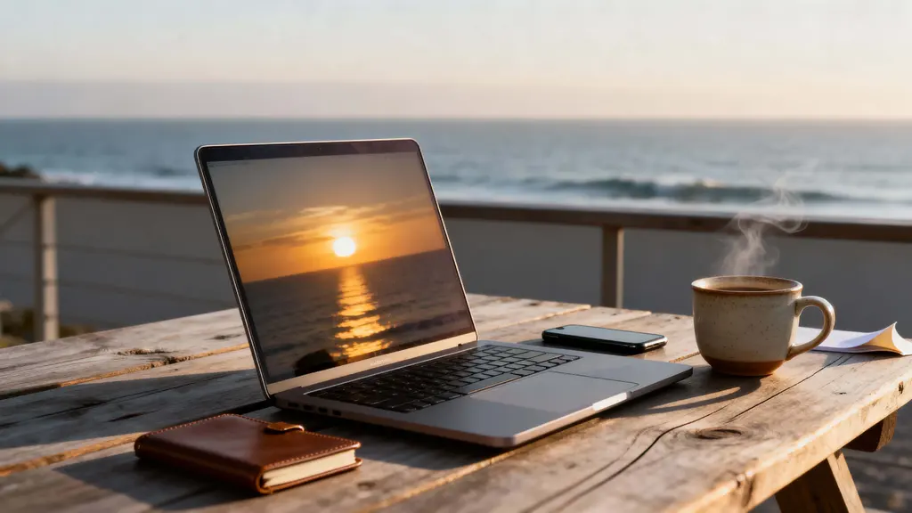 laptop and coffee by ocean sunrise