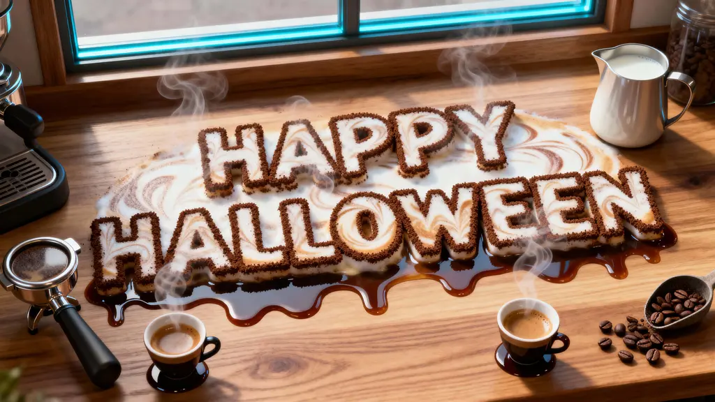 Latte-foam Halloween message on wood counter