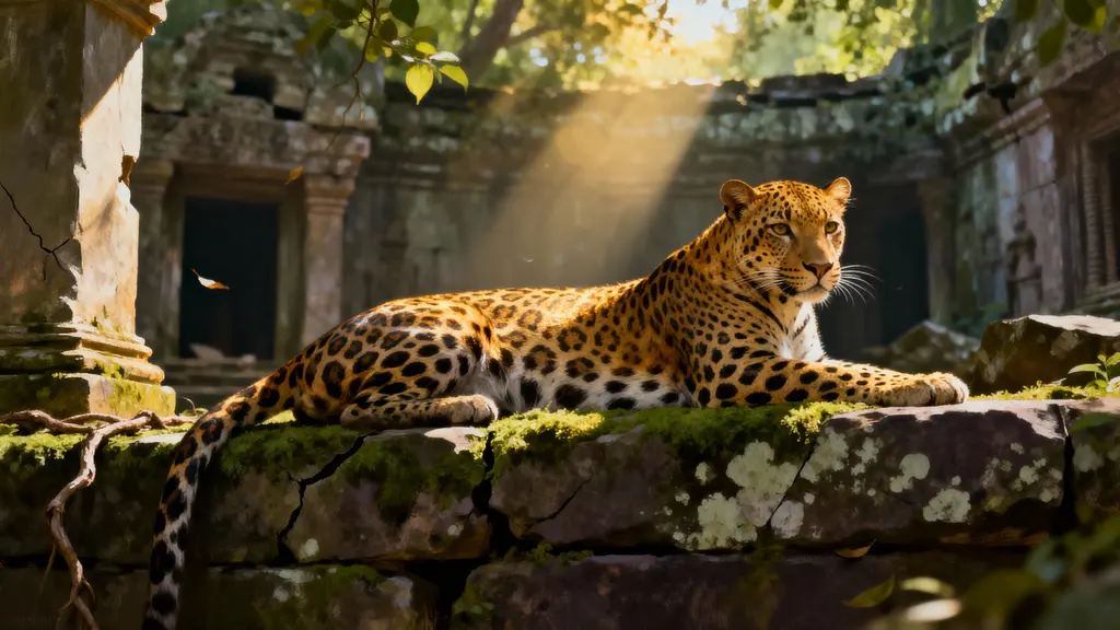 Leopard on Mossy Ancient Jungle Ruins