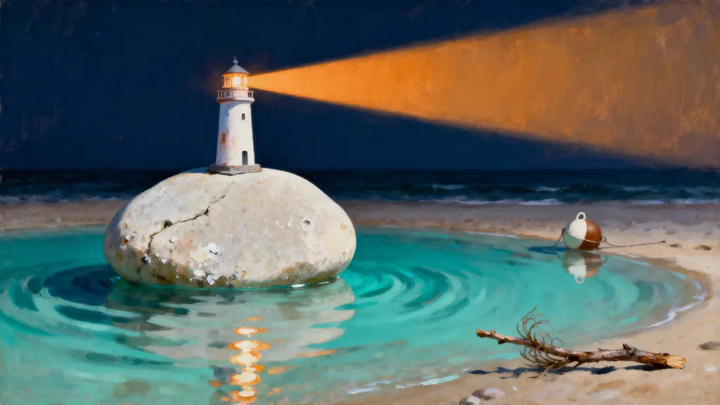 Lighthouse on pebble surrounded by water