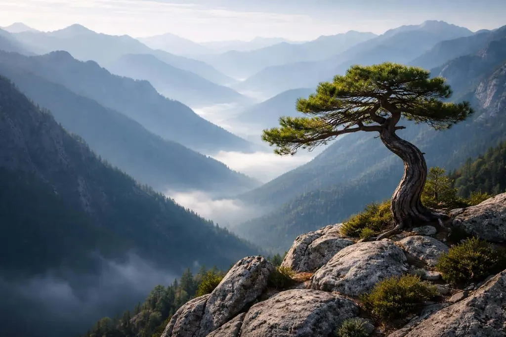 Lone pine tree on rocky mountain peak