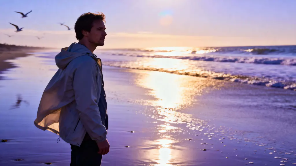 Man by Seashore at Sunrise