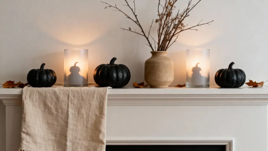 Mantel neutral Halloween still-life vignette