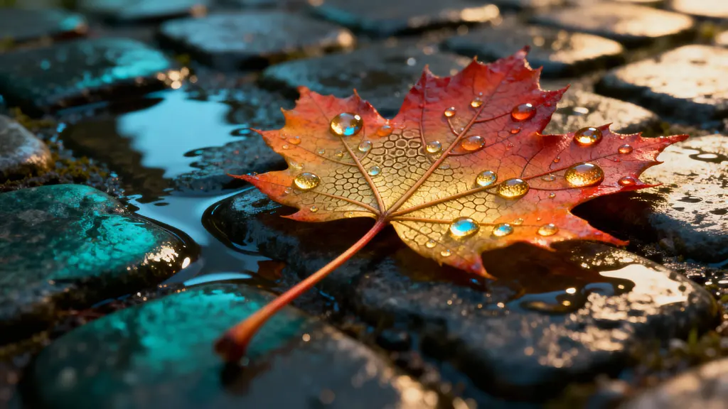 Maple leaf on wet cobblestones macro