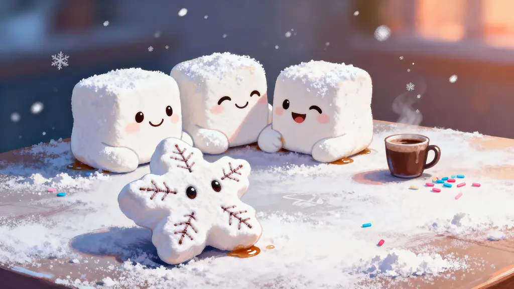 Marshmallow Snowflake Characters Cozy Scene