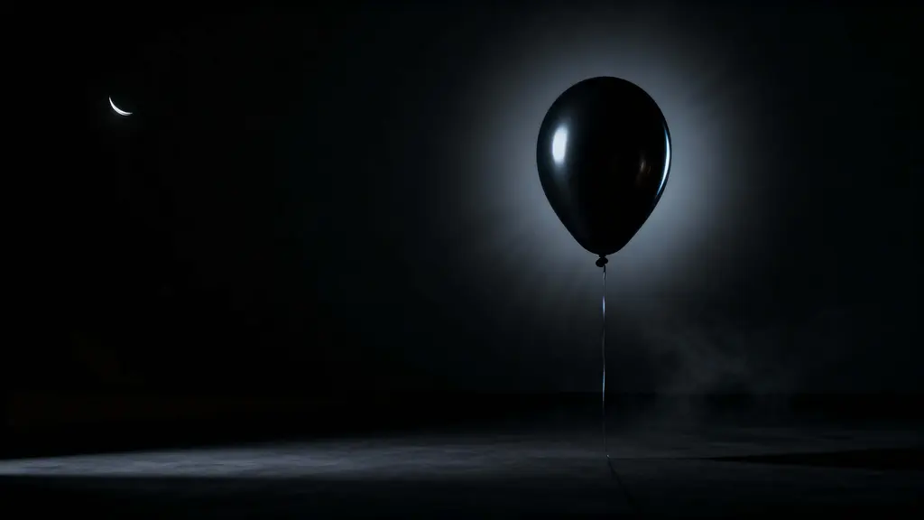 Matte-black balloon floating in darkness