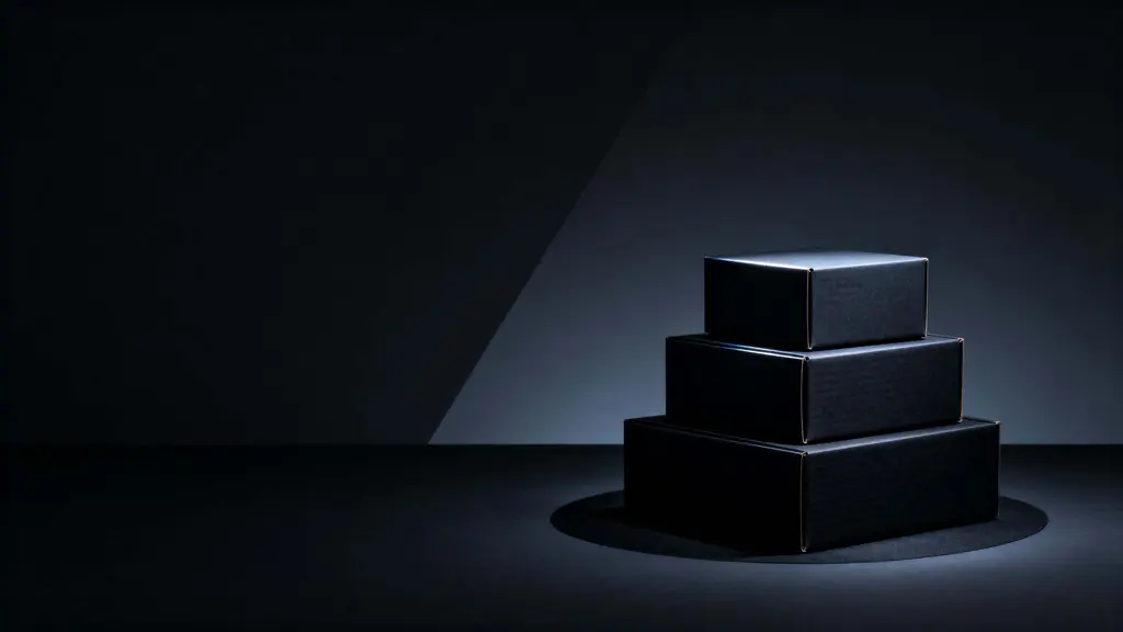 Matte-black stepped box tower in ultra-wide frame