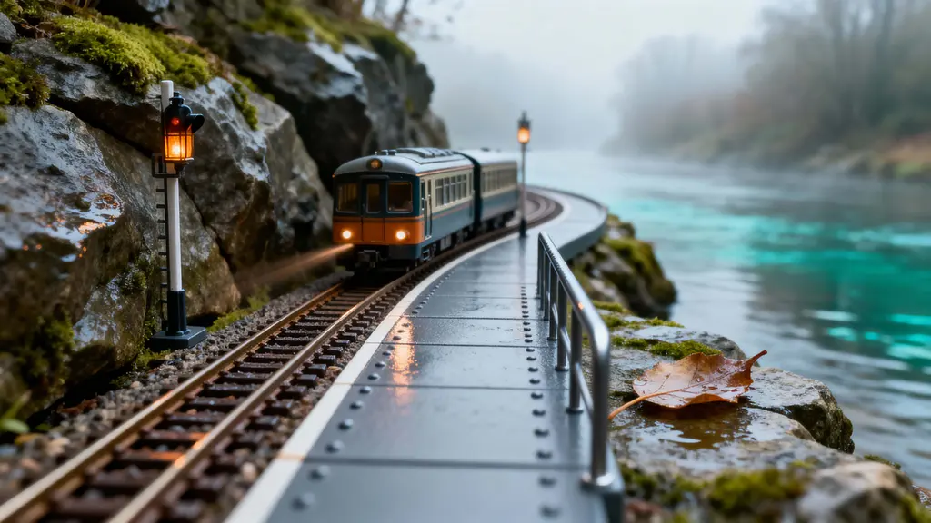 Micro train on river rock platform