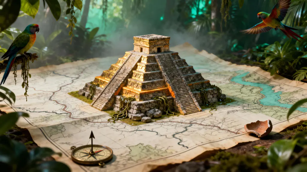Miniature Chichen Itza pyramid on map