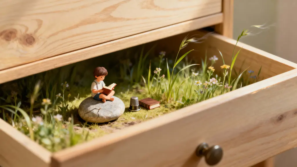 Miniature child reading inside drawer