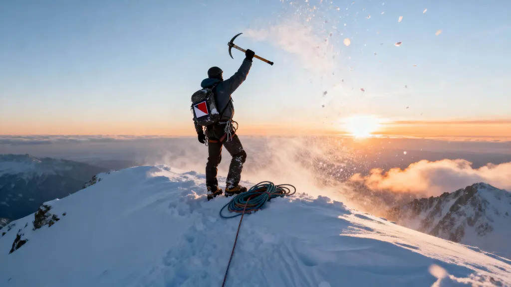 Mountaineer Raising Axe at Summit