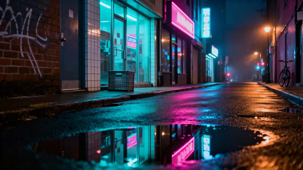 Neon Alleyway Reflections After Rain Night