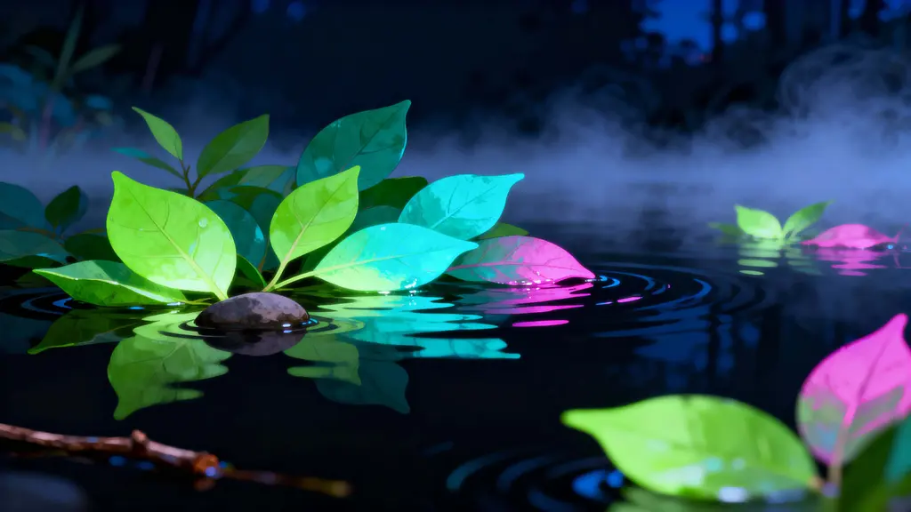 Neon Leaves Floating in Black Water