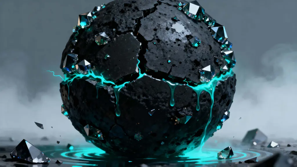 Obsidian sphere leaking turquoise crystalline energy
