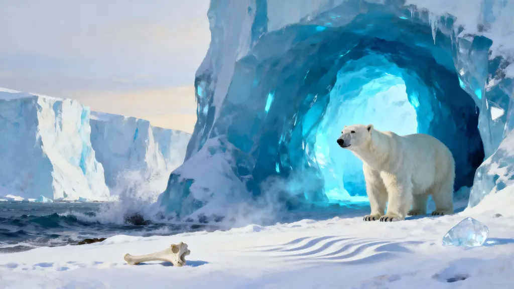 Polar bear beside luminous blue ice caves