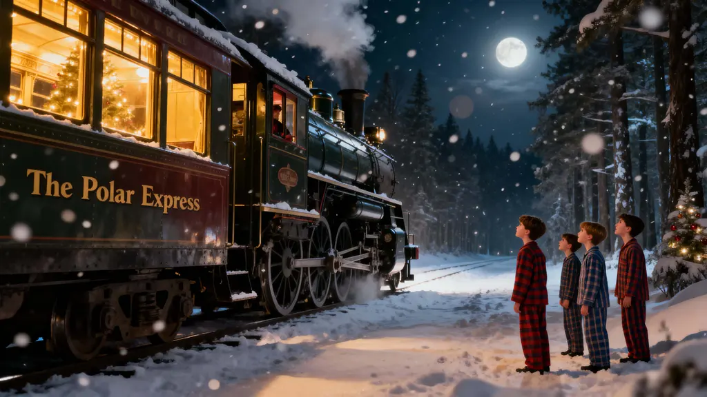 Polar Express in snowy forest night