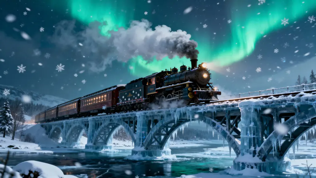 Polar Express on Icy Bridge at Night