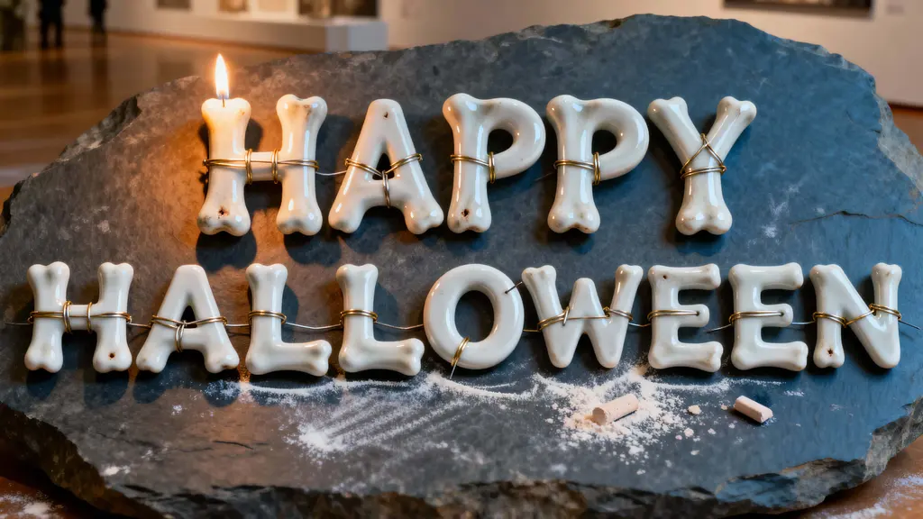 Porcelain-bone HAPPY HALLOWEEN lettering sculpture