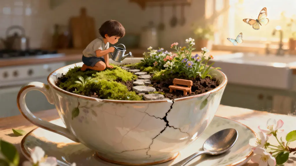 Porcelain teacup miniature garden scene