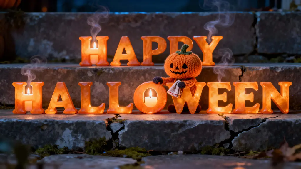 Pumpkin-letter Halloween display on stone steps