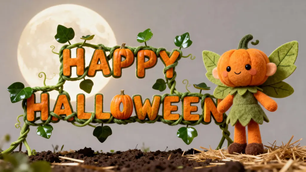Pumpkin-vine Halloween lettering with fairy