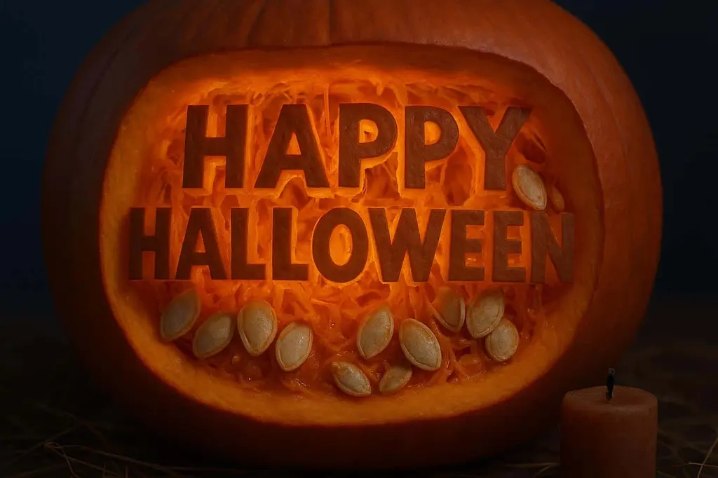 Pumpkin with carved HAPPY HALLOWEEN letters