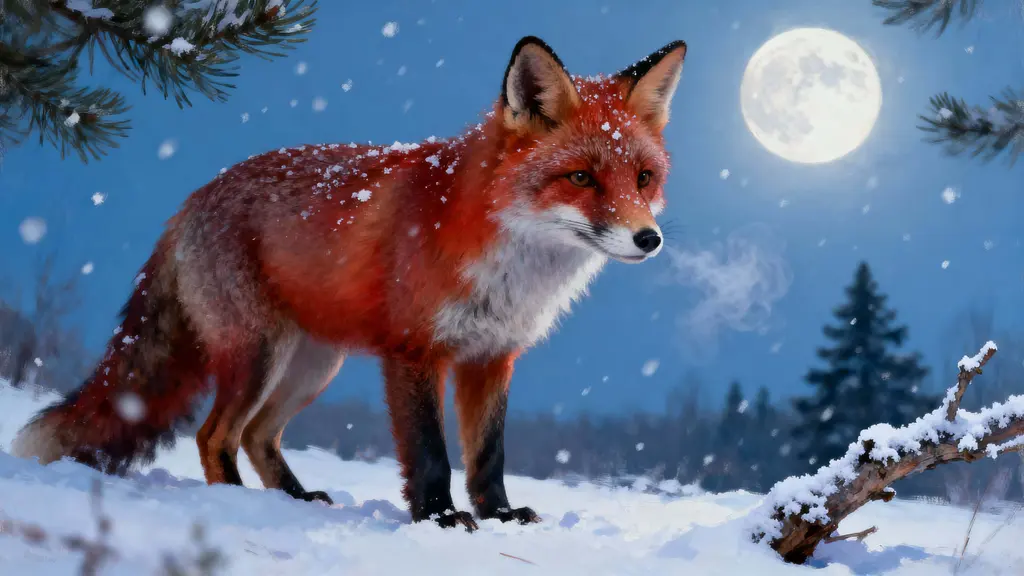 Red Fox in Moonlit Winter Snow