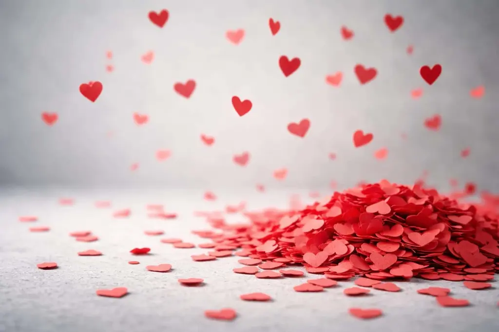 red-heart-confetti tabletop still-life photograph