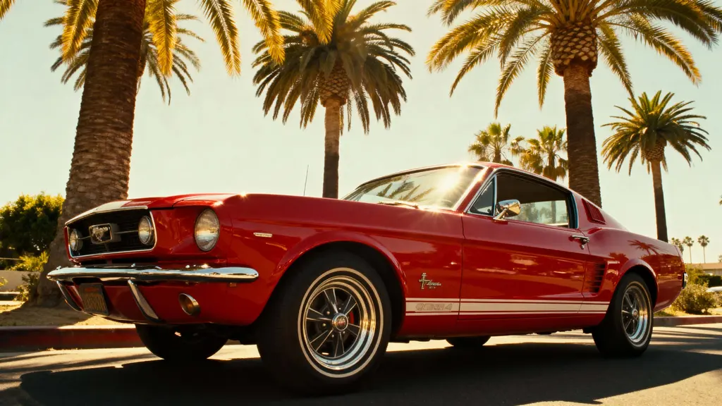Red Mustang beneath California Palm Trees