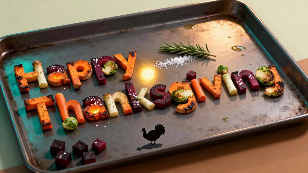 Roasted-vegetable Happy Thanksgiving cinematic 3D lettering