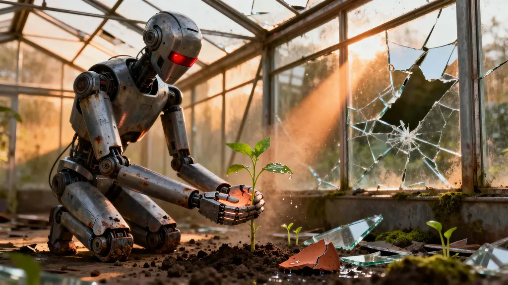 Robot Tending Sapling, photorealistic gentle