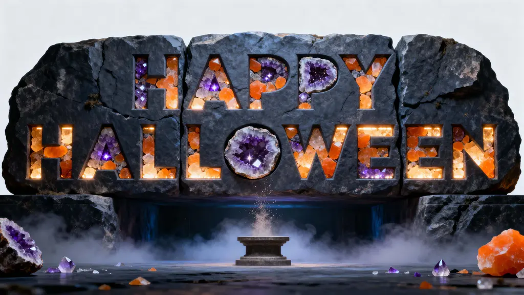 Rock-slab carved HAPPY HALLOWEEN display