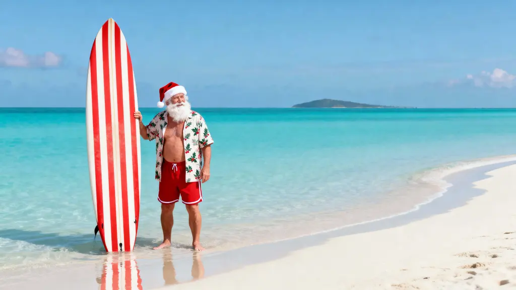 Santa Claus as beach surfer portrait