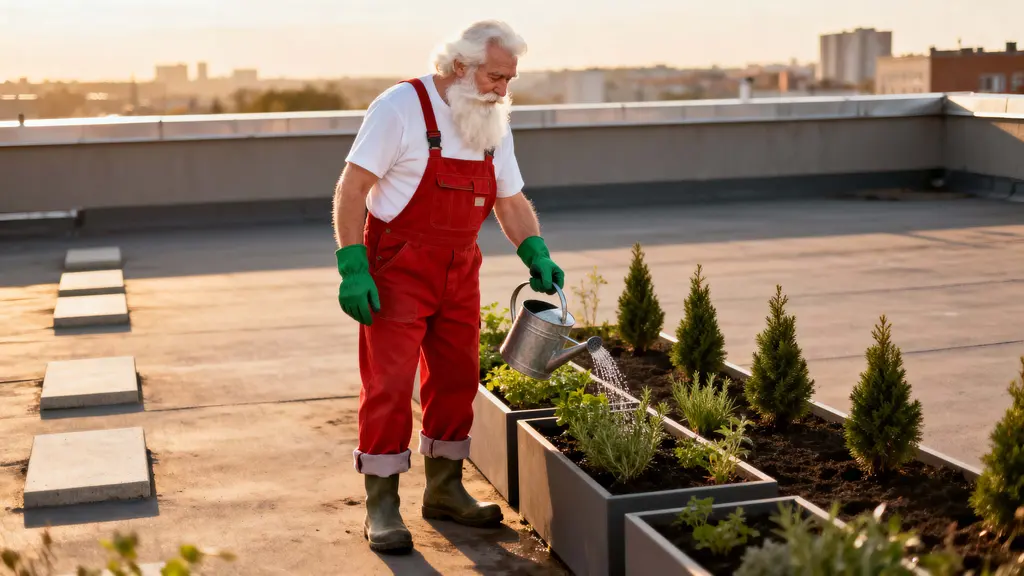 Santa Claus as Rooftop Gardener at Golden Hour