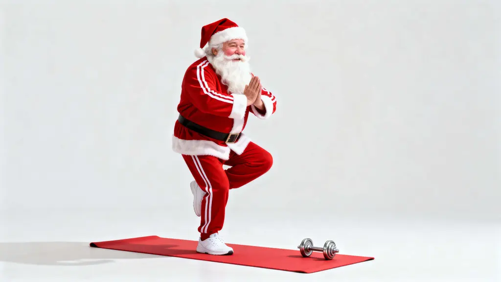 Santa Claus attempting yoga tree pose