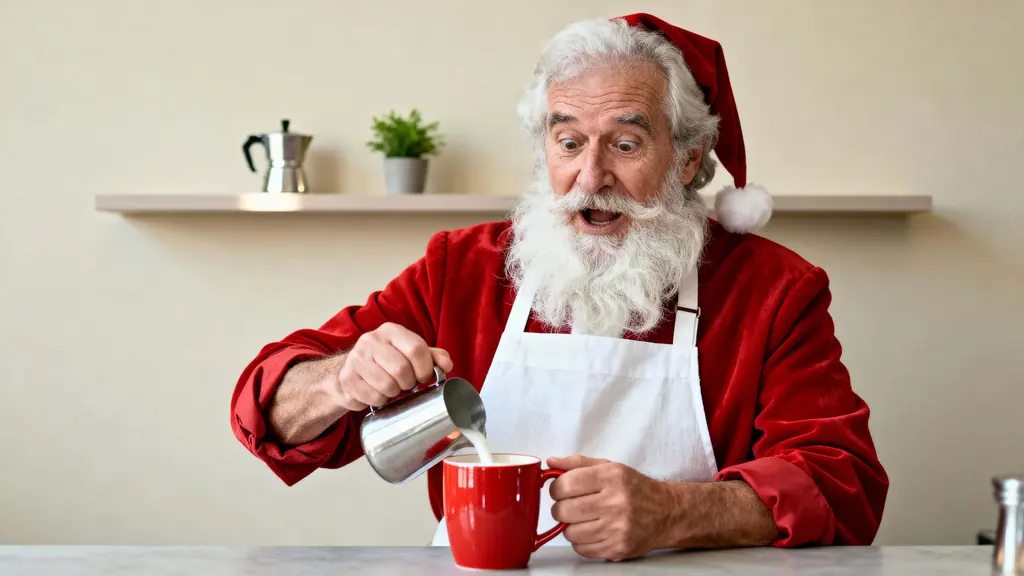Santa Claus barista, playful photoreal ad