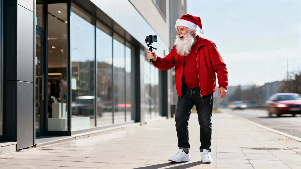 Santa Claus city vlogger on sidewalk